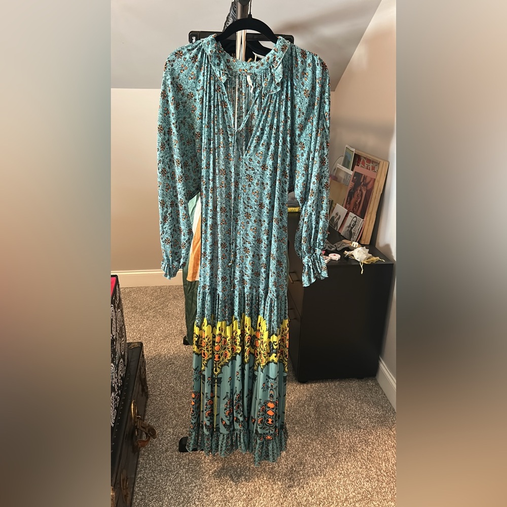 Free People Teal and Yellow Floral Long Sleeve Dress